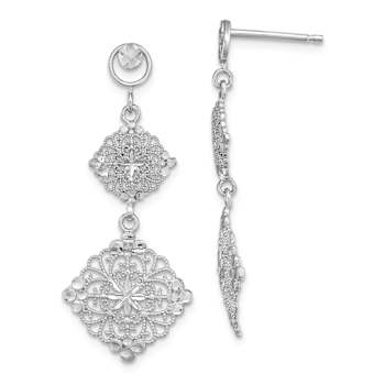 Rhodium Over 14k White Gold Diamond-Cut Filigree Medallion Dangle Earrings
