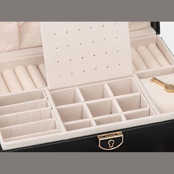 Lockable Black Faux Leather Jewelry Box with 2 Drawers and Lid Storage