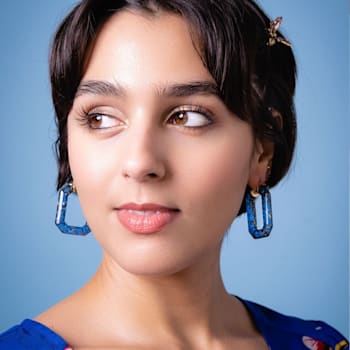 14K Yellow Gold Over Sterling Silver Acrylic Hoops in Blue with Glitter