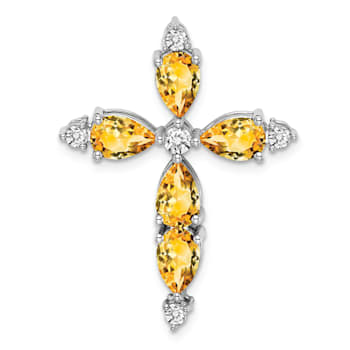 Rhodium Over 14k White Gold Citrine and Diamond Cross Chain Slide Pendant