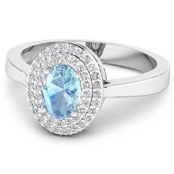 0.86ctw Blue Aquamarine and Diamond 14K White Gold Halo Ring
