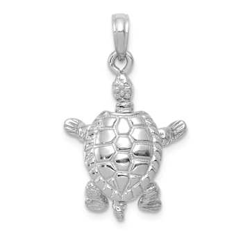 Rhodium Over 14k White Gold Solid 3D Polished and Textured Moveable
Turtle Pendant