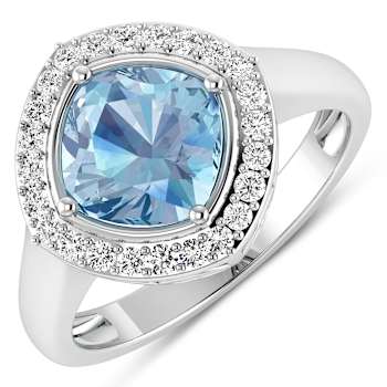 Cushion Cut Blue Aquamarine and White Diamond 14K White Gold Halo Ring
1.72 ctw