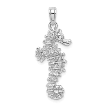 Rhodium Over 14k White Gold 3D Textured Seahorse Pendant