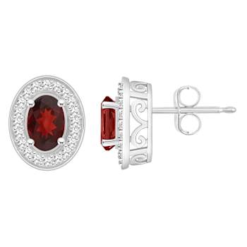 6x4mm Oval Garnet 1/5 ctw Diamond Rhodium Over Sterling Silver Halo Stud Earrings