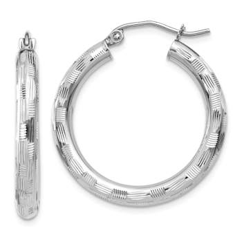 Rhodium Over 14k White Gold Diamond-Cut 13/16" Hoop Earrings
