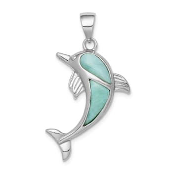 Rhodium Over Sterling Silver Larimar Dolphin Pendant