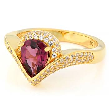 Grape Color Garnet Pear And White Zircon Ring In 18K Gold Over Sterling
Silver 1.86ctw