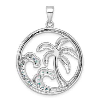 Rhodium Over Sterling Silver Cubic Zirconia Wave and Palm Tree Pendant