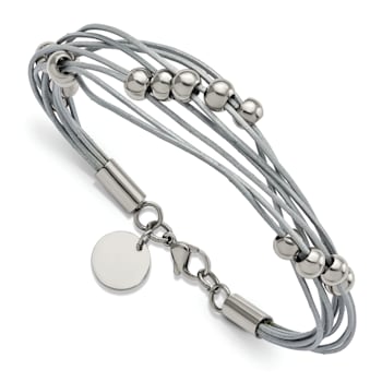 Gray Leather and Stainless Steel Polished Beaded Multi-Strand 8-inch Bracelet