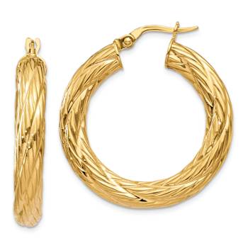 14k Yellow Gold 1 1/4" Textured Tube Hoop Earrings