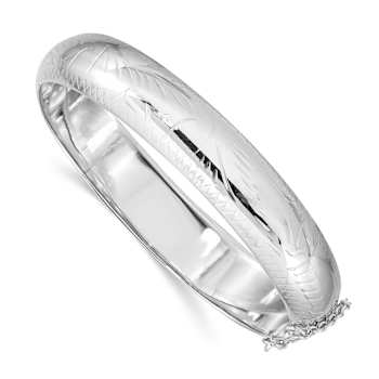 Rhodium Over Sterling Silver Diamond-cut 12mm Fancy Hinged Bangle Bracelet