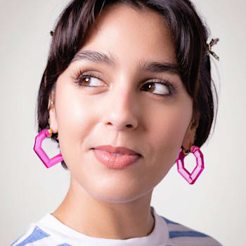 14K Yellow Gold Over Sterling Silver Heart Gem Acrylic Hoops in Magenta