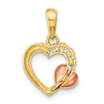 14K Two-tone Gold  Open Heart Cubic Zirconia Pendant