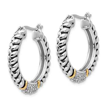 Sterling Silver Antiqued with 14K Accent Diamond Hoop Earrings
