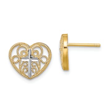 14K Yellow Gold and Rhodium Over 14K Yellow Gold Textured Filigree Cross
Center Heart Stud Earrings