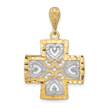 14k Yellow Gold and Rhodium Over 14k Yellow Gold Diamond-Cut Heart Cross Charm