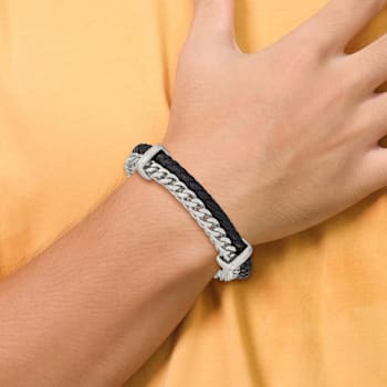 Black Leather and Stainless Steel Brushed and Chain 8-inch with 0.5-inch
Extension Bracelet