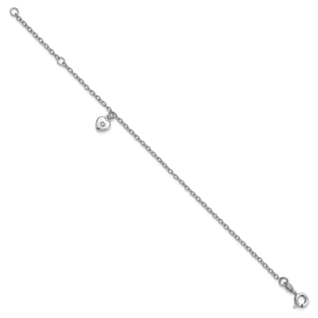 Rhodium Over Sterling Silver  Cubic Zirconia Heart with 1-inch Extension Bracelet