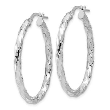 Rhodium Over Sterling Silver Polished and Textured Twisted Oval Hoop Earrings