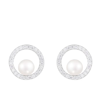 White Cultured Freshwater Pearl and Cubic Zirconia Rhodium Over Sterling
Silver 6-7mm Stud Earrings