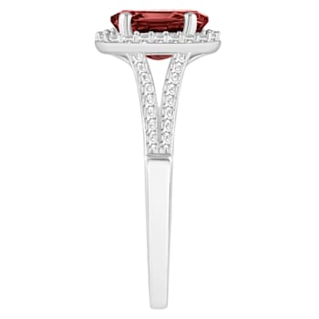 8x6mm Oval Garnet 1/4 ctw Diamond Rhodium Over Sterling Silver Halo Ring