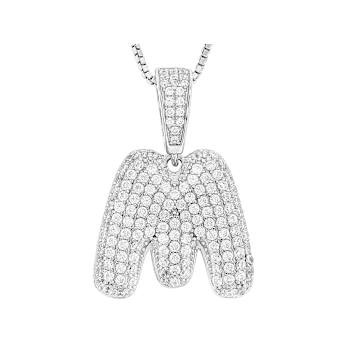 CZ Initial M Bubble Letter Pendant Necklace In Sterling Silver 1.92ctw