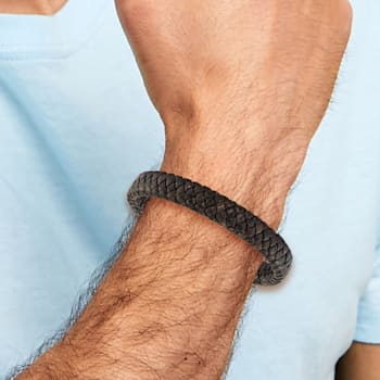 Brown Braided Leather and Stainless Steel Brushed 8.25-inch Bracelet