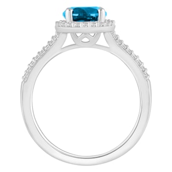 7mm Round Blue Topaz 1/4 ctw Diamond Rhodium Over Sterling Silver Halo Ring