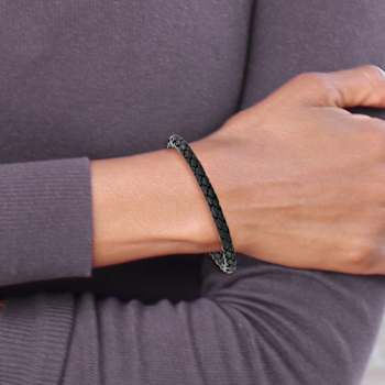 Stainless Steel Polished Black Ion Plated Black Woven Leather Bracelet