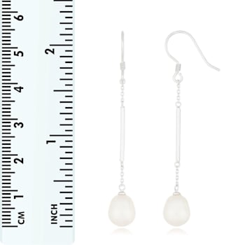 White Cultured Freshwater Pearl Rhodium Over Sterling Silver 7-8mm Drop Earrings