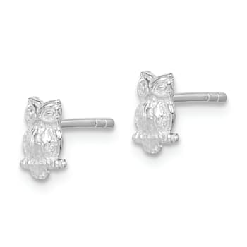Rhodium Over Sterling Silver Polished and Textured Owl Post Earrings