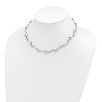 Rhodium Over Sterling Silver FW Cultured Pearl and Cubic Zirconia Floral Necklace