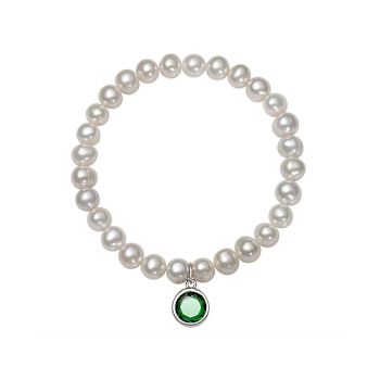 Freshwater Pearl And Green CZ Charm Stretch Bracelet In Sterling Silver