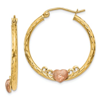 14k Yellow Gold and 14k Rose Gold 1" Heart Diamond-Cut Hoop Earrings