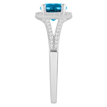 7mm Round Blue Topaz 1/4 ctw Diamond Rhodium Over Sterling Silver Halo Ring