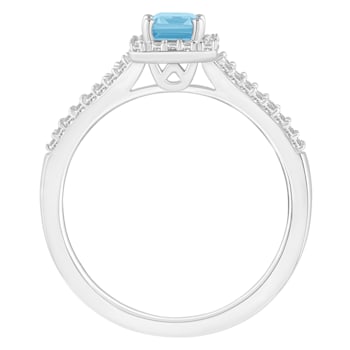 6x4mm Emerald Cut Aquamarine 1/4 ctw Diamond Rhodium Over Sterling
Silver Halo Ring