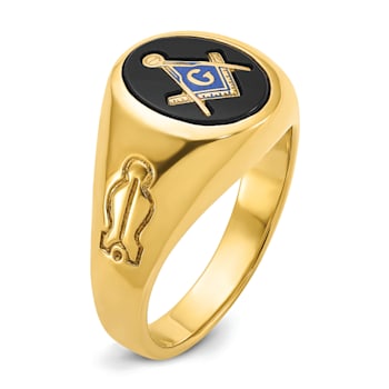 10K Yellow Gold Men's Grooved Onyx Blue Lodge Master Masonic Ring