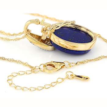 Lapis Lazuli Large Oval And White Zircon Pendant Necklace In 18K Gold
Over Sterling Silver 0.47ctw