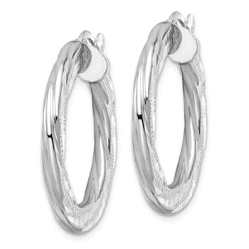 Rhodium Over Sterling Silver 3x29mm Diamond-Cut Twisted Tube Hoop Earrings