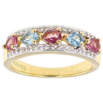 Blue, Pink And White Topaz Ring In 18K Gold Over Sterling Silver 0.97ctw