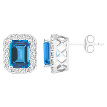 8x6mm Emerald Cut Swiss Blue Topaz And White Topaz Rhodium Over Sterling
Silver Halo Stud Earrings