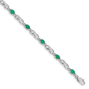 Rhodium Over 10k White Gold Diamond and Emerald Bracelet