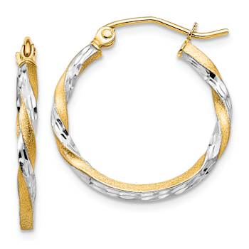 14k Yellow Gold and Rhodium Over 14k Yellow Gold Satin and Diamond Cut
13/16" Twisted Hoop Earrings
