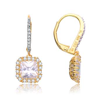 Square CZ Halo Drop Earrings In 14K Gold Over Sterling Silver