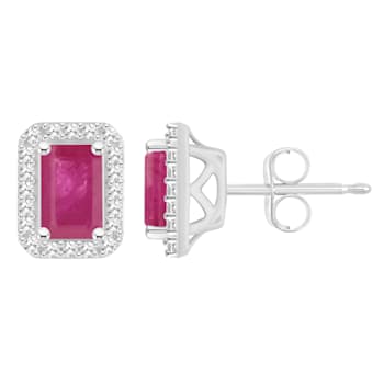 6x4mm Emerald Cut Ruby 1/5 ctw Diamond Rhodium Over Sterling Silver Halo
Stud Earrings