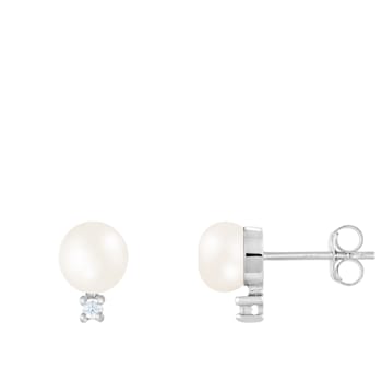 White Cultured Freshwater Pearl and CZ Rhodium Over Sterling Silver
6-7mm Button Earrings