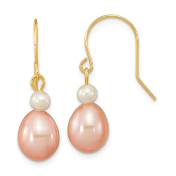 14K Yellow Gold 7-8mm White/Pink Round/Rice Freshwater Cultured Pearl
Dangle Earrings