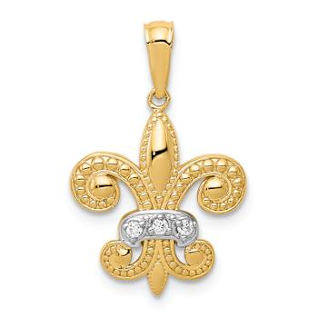 14k Yellow Gold and Rhodium Over 14k Yellow Gold Polished Textured
Diamond Fleur De Lis Pendant