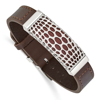 Brown Leather and Stainless Steel Red Agate 7-9-inch Bracelet